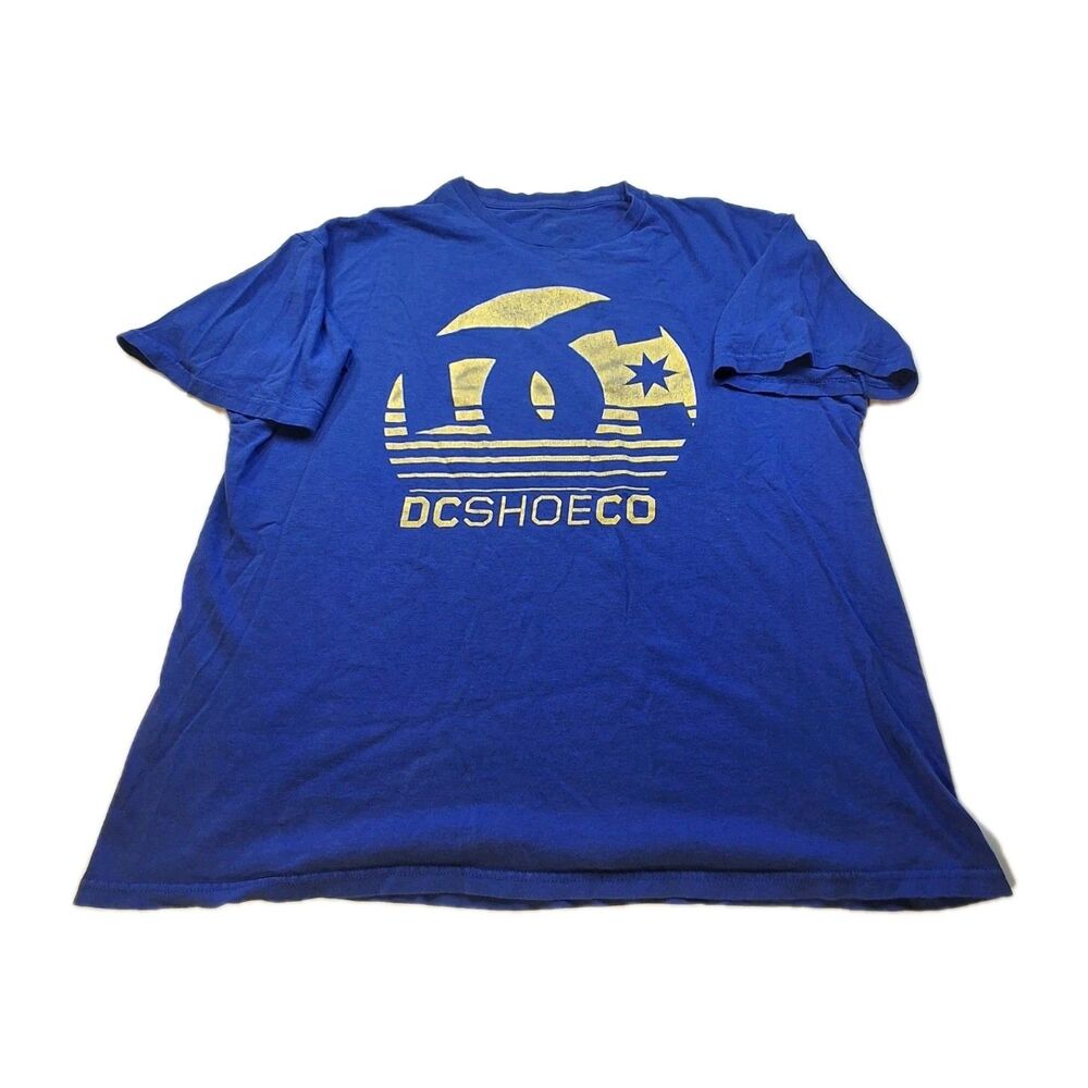 Vtg DC Shoe Graphic Tshirt Mens Logo Y2K Faded Grunge Skater Blue Yellow No Size